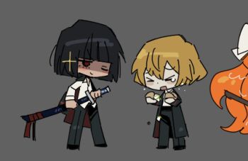  >_< 1boy 2girls black_hair black_pants blonde_hair bob_cut bow closed_mouth commentary crying dated_commentary hair_bow hamhampangpang ishmael_(project_moon) jacket jacket_on_shoulders limbus_company long_hair lowres multiple_girls one_eye_closed ootachi open_mouth orange_hair pants project_moon red_eyes ryoshu_(project_moon) shaded_face shirt short_hair sinclair_(project_moon) smile symbol-only_commentary very_long_hair white_bow white_shirt 