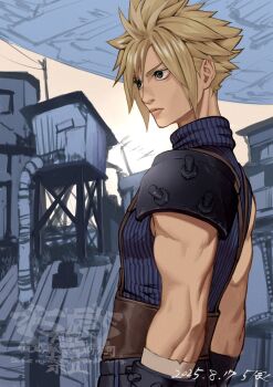  1boy 5tatsu aqua_eyes armor artist_name belt blue_shirt brown_belt closed_mouth cloud_strife dated final_fantasy final_fantasy_vii final_fantasy_vii_remake hair_between_eyes highres long_hair male_focus multiple_belts muscular muscular_male pauldrons shirt short_hair shoulder_armor single_bare_shoulder single_pauldron sleeveless sleeveless_turtleneck slums solo spiked_hair suspenders turtleneck upper_body 