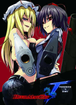  2girls aiming aiming_at_viewer alternate_costume artistic_error black_hair blonde_hair breast_press breasts capcom contemporary cosplay devil_may_cry devil_may_cry_(series) devil_may_cry_4 dot_r ebony_(devil_may_cry) english_text female_focus foreshortening gun handgun ivory_(devil_may_cry) lady_(devil_may_cry) lady_(devil_may_cry)_(cosplay) long_hair looking_at_viewer looking_down m1911 medium_breasts multiple_girls parody pistol purple_eyes red_eyes shameimaru_aya short_hair smile symmetrical_docking touhou trish_(devil_may_cry) trish_(devil_may_cry)_(cosplay) weapon yakumo_yukari  rating:Sensitive score:45 user:danbooru