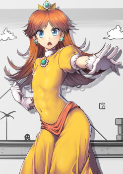  1girl abs blue_eyes breasts brown_hair covered_erect_nipples covered_navel crown dress earrings female_focus flat_chest gloves jewelry long_hair looking_at_viewer mario_(series) nagase_haruhito nintendo open_mouth outstretched_arm outstretched_hand princess_daisy puffy_short_sleeves puffy_sleeves short_sleeves skin_tight solo super_mario_bros._1 super_mario_land tiara toned toned_female white_gloves yellow_dress  rating:Sensitive score:157 user:Daijin