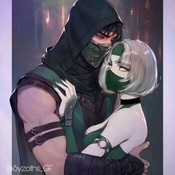  1boy 1girl black_hair grey_eyes khameleon mortal_kombat_(series) mortal_kombat_1_(2023) reptile_(mortal_kombat) white_hair  rating:General score:7 user:mski<msaki
