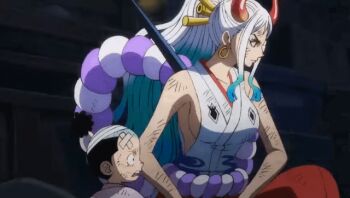  1boy 1girl age_difference animated animated_gif anime_screenshot black_hair blue_hair blush breasts brown_eyes cleavage gradient_hair hair_ornament high_ponytail horns huge_breasts japanese_clothes kimono kouzuki_momonosuke large_breasts long_hair multicolored_hair one_piece onee-shota open_mouth ponytail shared_clothes shota sleeveless topknot white_hair yamato_(one_piece) 