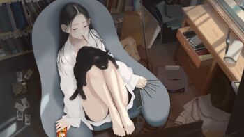  1girl absurdres barefoot black_cat black_hair black_shorts bookshelf camera cat chair commentary desk food food_in_mouth game_console grey_eyes highres indoors junito715 long_hair original photo_(object) pocky pocky_in_mouth sega_saturn shirt short_shorts shorts sitting solo toes white_shirt 