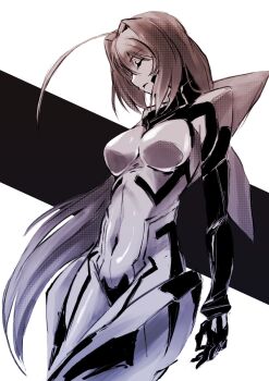  1girl ahoge armored_bodysuit bodysuit bow breasts closed_eyes covered_navel fortified_suit fortified_suit_(kagami_sumika) hair_bow hair_intakes highres kagami_sumika kawasemi_alter long_hair low_ponytail mecha_pilot_suit medium_breasts muv-luv muv-luv_alternative partially_colored ponytail solo very_long_hair 