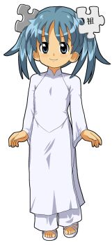  1girl ao_dai blue_eyes blue_hair dress female_focus full_body hair_ornament highres kasuga_(kasuga39) sandals smile solo toes transparent_background white_dress wikipe-tan wikipedia  rating:Sensitive score:18 user:usernam