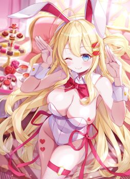  1girl ahoge animal_ear_hairband animal_ears battle_spirits blonde_hair blue_eyes blush_stickers bow bowtie breast_tattoo breasts chair cleavage closed_mouth commentary_request covered_navel cup detached_collar fake_animal_ears fishnet_thighhighs fishnets food from_above hair_ornament hair_rings hairband haundo_b heart heart_tattoo highres indoors large_breasts leg_tattoo leotard long_hair looking_at_viewer one_eye_closed pink_ribbon playboy_bunny rabbit_ear_hairband rabbit_ears rabbit_pose red_bow red_bowtie rei_ooba ribbon smile solo sweets table tattoo tea_set teacup thighhighs tiered_tray very_long_hair white_leotard white_wrist_cuffs wrist_cuffs 