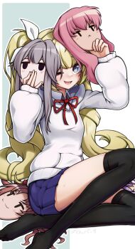  :d absurdres aqua_background arm_up artist_name black_thighhighs blue_eyes blue_skirt breasts commentary english_commentary foot_out_of_frame hair_ribbon hair_spread_out hand_up herta_(honkai:_star_rail) highres holding holding_mask honkai:_star_rail honkai_(series) hood hood_down hoodie indie_virtual_youtuber legs long_hair long_sleeves looking_at_viewer louise_francoise_le_blanc_de_la_valliere mask medium_breasts miniskirt neck_ribbon no_shoes one_eye_closed open_mouth over-kneehighs pleated_skirt puroppa red_ribbon ribbon shirai_kuroko simple_background sitting skirt sleeves_past_wrists smile sweatdrop teeth thighhighs toaru_majutsu_no_index toes twintails two-tone_background unworn_kigurumi upper_teeth_only very_long_hair virtual_youtuber white_background white_hood white_hoodie white_ribbon wing_collar y-chan_(vtuber) zero_no_tsukaima 