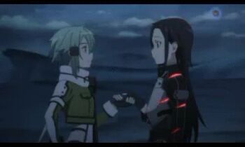  10s 1boy 1girl animated animated_gif black_hair blue_hair explosion explosive closed_eyes grenade hug kirito kirito_(sao-ggo) lowres nervous_smile panicking sinon smile surprised sword_art_online  rating:Sensitive score:27 user:steve_the_wraith