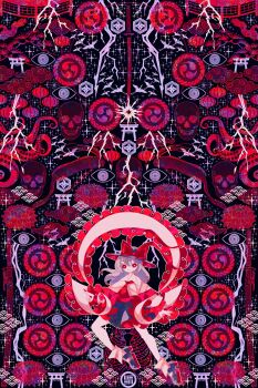  1girl absurdres bird black_hat black_shoes black_skirt boku_(isizakitakasi) bow bright_pupils cloud commentary_request crane_(animal) disembodied_eye flower frilled_shawl frills hagoromo hat hat_bow hat_ribbon highres lightning looking_at_viewer lotus nagae_iku red_bow red_eyes red_flower red_nails red_ribbon ribbon seigaiha shawl shirt shoes skirt skull solo tomoe_(symbol) torii touhou white_pupils white_shirt wide_shot 