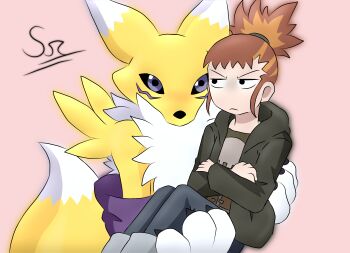 black_sclera brown_hair child colored_sclera digimon digimon_(creature) digimon_tamers fox_tail furry hair_ornament hairpin long_hair makino_ruki ponytail purple_eyes renamon srshadow5536 tail