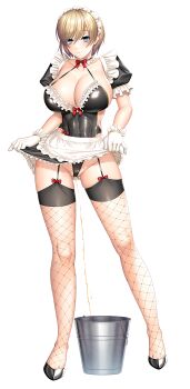  1girl aikawa_arisa apron blonde_hair blue_eyes breasts bucket cleavage clothes_lift fishnet_thighhighs fishnets full_body garter_straps gloves high_heels highres laetitia_bellmer large_breasts leotard lilith-soft maid maid_headdress official_art peeing short_hair simple_background skirt skirt_lift solo standing taimanin_(series) taimanin_rpgx thighhighs watersports white_gloves white_hair 
