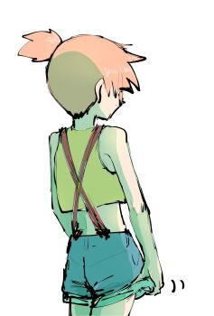  1girl bare_arms bare_shoulders blue_shorts cowboy_shot crop_top denim denim_shorts facing_away from_behind green_shorts midriff misty_(pokemon) motion_lines nintendo orange_hair pokemon pokemon_(anime) pokemon_(classic_anime) pokemon_rgby ponytail shirt short_hair short_shorts shorts side_ponytail simple_background sleeveless sleeveless_shirt solo standing suspender_shorts suspenders white_background yellow_shirt 