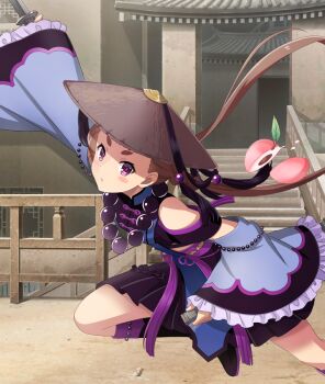  1girl ajirogasa architecture bare_shoulders beads bisected blush_stickers boots braid brown_hair brown_hat clothing_cutout cosplay day detached_sleeves dot_nose east_asian_architecture food frilled_sleeves frills fruit game_cg hat holding holding_sword holding_weapon journey_to_the_west katana knee_boots long_hair looking_at_viewer low_twintails matsunaga_erina official_art outdoors parted_lips peach prayer_beads purple_boots purple_eyes purple_pupils purple_sleeves railing short_eyebrows shoulder_cutout solo stairs swinging_weapon sword teeth thick_eyebrows third-party_source toji_no_miko toji_no_miko:_kizamishi_issen_no_tomoshibi twintails weapon wide_sleeves zhu_bajie zhu_bajie_(cosplay) 