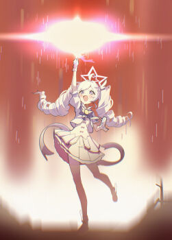  1girl absurdres arm_up blue_archive blush bow clenched_hand drill_hair gloves halo highres holding holding_staff jacket long_hair official_alternate_costume official_alternate_hairstyle open_mouth p1n pantyhose purple_bow purple_eyes purple_hair purple_halo purple_jacket purple_pantyhose reisa_(blue_archive) reisa_(magical)_(blue_archive) shirt shoes short_sleeves sidelocks skirt solo staff standing standing_on_one_leg striped_clothes striped_pantyhose twin_drills white_gloves white_shirt white_shoes white_skirt 