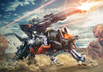  command_wolf dust explosion firing highres igarashi_kazuya laser mecha no_humans open_mouth robot solo soramame_(tion) standing turret zoids  rating:General score:6 user:danbooru