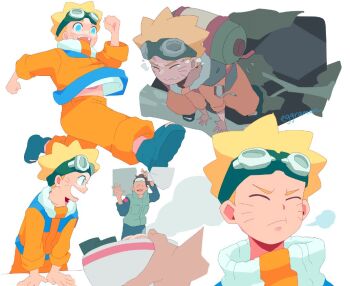  2boys aqua_eyes black_pants black_shirt blonde_hair bowl brown_hair clenched_teeth closed_eyes crying disembodied_hand facial_mark flak_jacket food furrowed_brow goggles goggles_on_head green_vest headband holding holding_bowl jacket jumpsuit konohagakure_shinobi_uniform male_focus midriff_peek multiple_boys multiple_views naruto_(classic) naruto_(series) noodles open-toe_shoes open_mouth orange_jacket orange_jumpsuit orange_pants pants parted_lips ponytail ramen rebekah_jin scar scar_on_face scar_on_nose shirt short_hair sigh smile spiked_hair steaming_food tears teeth umino_iruka uzumaki_naruto vest walking whisker_markings white_background 
