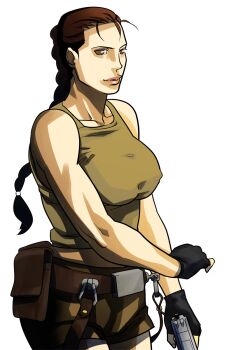  1girl angelina_jolie bad_id bad_pixiv_id bare_shoulders belt braid breasts brown_eyes brown_hair female_focus fingerless_gloves gloves gun handgun highres holster kitsune_atama lara_croft large_breasts lips long_hair pistol pouch shirt shorts single_braid solo tank_top taut_clothes taut_shirt tomb_raider toned toned_female weapon 