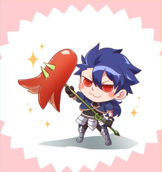  0nodera 1boy :3 blue_hair chibi chibi_only closed_mouth commentary_request cu_chulainn_(fate) cu_chulainn_(fate/prototype) fate/grand_order fate_(series) food food_art hair_between_eyes holding holding_polearm holding_weapon long_hair male_focus polearm red_eyes solo sparkle spear tako-san_wiener weapon 