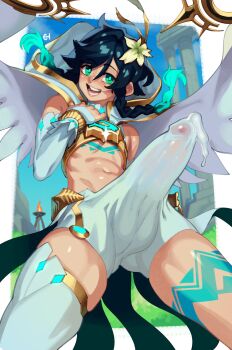  1boy aqua_eyes aqua_hair bare_shoulders black_hair blush braid bulge cape cum cum_in_clothes eigaka erection erection_under_clothes genshin_impact highres huge_penis looking_at_viewer male_focus navel open_mouth penis shiny_skin short_hair shorts single_thighhigh smile solo standing thighhighs trap venti_(archon)_(genshin_impact) venti_(genshin_impact) white_shorts  rating:Explicit score:254 user:danbooru