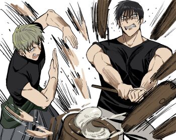  2boys absurdres black_hair black_shirt clenched_teeth closed_mouth commentary_request compression_shirt food fushiguro_touji green_hair highres holding holding_mallet jujutsu_kaisen kine male_focus mallet mochi mochitsuki mortar_(bowl) motion_lines multiple_boys muscular muscular_male open_mouth san_shou shirt short_hair simple_background sleeves_rolled_up sweat teeth white_background zen'in_naoya 