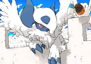  absol aomon_(yuuji7604) bird building claws commentary day feathered_wings gen_3_pokemon hair_over_one_eye highres horns mega_absol mega_pokemon nintendo no_humans outdoors pokemon pokemon_(creature) red_eyes shadow sky untranslatable_commentary wings wingull 