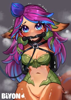  1girl animal_ears arms_behind_back bdsm bit_gag biyon_tran blue_eyes blue_streaks blush bound bound_arms bra breasts brown_fur centaur commentary commission cowboy_shot drooling english_commentary flower gag gagged green_bra grey_background hair_flower hair_ornament horse_ears league_of_legends lillia_(league_of_legends) long_hair looking_at_viewer medium_breasts multicolored_hair navel parted_bangs purple_hair saliva solo steam strapless strapless_bra streaked_hair taur tearing_up trembling underwear 
