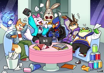  3girls 4boys angry beak bird_boy buck_teeth can casual cat_girl commentary couch dog_girl drink_can english_commentary falco_lombardi fay_spaniel fluorart fox_boy fox_girl fox_mccloud frog_boy furry furry_female furry_male highres hood hoodie jacket krystal miyu_lynx multiple_boys multiple_girls nintendo nintendo_switch_2 on_couch open_mouth paper_airplane peppy_hare rabbit_boy sharp_teeth slippy_toad smile snout soda_can star_fox star_fox_2 table tail teeth trash 
