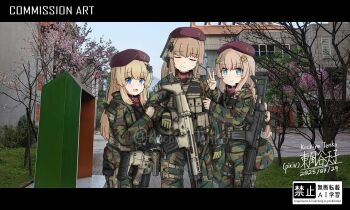  3girls :d absurdres artist_name assault_rifle beret black_ribbon blonde_hair blue_eyes bulletproof_vest camouflage chinese_commentary closed_eyes commission dated fn_scar fn_scar_16 fn_scar_17 fnc_(girls'_frontline) girls'_frontline gloves green_gloves gun hair_ribbon hat highres kochiya_tenko letterboxed load_bearing_vest looking_at_viewer military_combat_uniform military_uniform multiple_girls open_mouth photo_background pixiv_commission ribbon rifle scar-h_(girls'_frontline)_(kochiya_tenko) scar-l_(girls'_frontline)_(kochiya_tenko) scope signature smile v watermark weapon weapon_connection 