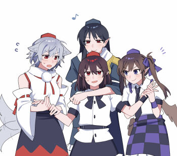  4girls animal_ear_fluff animal_ears bird_wings black_bow black_bowtie black_necktie black_skirt blue_dress blue_hair blush bow bowtie brown_hair brown_wings checkered_clothes checkered_skirt closed_mouth collared_shirt commentary_request detached_sleeves dress flying_sweatdrops grey_hair hand_grab harem hat highres himekaidou_hatate iizunamaru_megumu inubashiri_momiji long_hair long_sleeves looking_at_viewer multiple_girls musical_note necktie open_mouth pointy_ears pom_pom_(clothes) puffy_short_sleeves puffy_sleeves purple_eyes purple_hat red_eyes red_hat ribbon-trimmed_sleeves ribbon_trim sakic43899 shameimaru_aya shirt short_sleeves skirt smile sweatdrop tail tail_wagging tengu tengu_family_of_gensokyo_(touhou) tokin_hat touhou twintails white_shirt wings wolf_ears wolf_girl wolf_tail yuri 