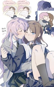  2girls absurdres bang_dream! bang_dream!_it's_mygo!!!!! blue_shirt blue_skirt brown_hair censored chihaya_anon chinese_commentary chinese_text closed_eyes commentary_request haneoka_school_uniform highres hug lanserongjie long_hair meme multiple_girls multiple_views nagasaki_soyo novelty_censor one_eye_closed open_mouth pink_hair school_uniform shirt sidelocks skirt translation_request tsukinomori_school_uniform yoshi_and_toad_kissing_(meme) yuri 