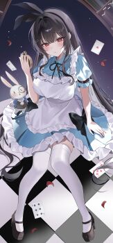  1girl absurdres ace_(playing_card) ace_of_hearts alice's_adventures_in_wonderland alice_(alice_in_wonderland) alice_(alice_in_wonderland)_(cosplay) animal_ears apron arm_strap arm_support black_hair black_ribbon black_shoes blue_dress blush breasts bright_pupils card checkered_floor collared_dress commentary commission cosplay dress fake_animal_ears falling_petals floating_card frilled_apron frilled_dress frills hailiu hair_between_eyes hair_ornament hairclip heart high_heels highres large_breasts long_hair looking_at_viewer mole mole_under_eye monocle neck_ribbon on_floor original parallel_hairclips parted_lips petals playing_card pocket_watch rabbit rabbit_ears red_eyes ribbon second-party_source shoes short_sleeves sitting solo symbol-only_commentary thighhighs very_long_hair watch white_apron white_pupils white_rabbit_(alice_in_wonderland) white_thighhighs 