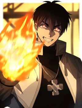  1boy black_hair black_shirt blurry blurry_background clenched_teeth cloak cross cross_necklace domo_(domo_kizusuki) en'en_no_shouboutai fire flaming_hand glowing glowing_eye grin hair_between_eyes highres jewelry male_focus mandarin_collar necklace red_eyes rekka_hoshimiya shirt smile star-shaped_pupils star_(symbol) symbol-shaped_pupils teeth turtleneck turtleneck_shirt white_cloak 