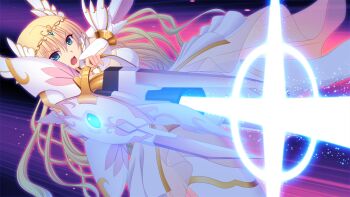  1girl aiming aiming_at_viewer armor armored_dress blonde_hair blue_eyes breasts bridal_gauntlets dress dutch_angle en_ciel_rena en_ciel_rena_(laelith) energy_cannon game_cg glowing gun holding holding_cannon holding_weapon jewelry kourin_tenshi_en_ciel_rena large_variant_set long_hair looking_at_viewer magical_girl non-web_source official_art open_mouth saitou_natsuki solo suhamaya thighhighs tiara tomoe_rena variant_set very_long_hair weapon white_dress white_thighhighs 