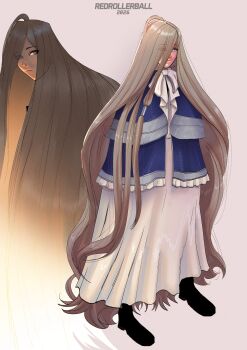  1girl absurdly_long_hair absurdres black_shoes blonde_hair blue_dress bow bowtie brown_eyes commentary dress hair_between_eyes highres long_hair long_hair_between_eyes redrollerball12 sense_(sousou_no_frieren) shoes sousou_no_frieren very_long_hair 