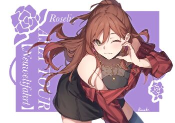  1girl :3 bang_dream! bang_dream!_it's_mygo!!!!! black_skirt black_thighhighs brown_hair commentary_request earrings green_eyes hair_between_eyes half-heart_hands highres imai_lisa jewelry kanade_(kanade_3344) long_hair necklace off_shoulder one_eye_closed red_shirt see-through_cleavage see-through_clothes shirt skirt solo thighhighs 