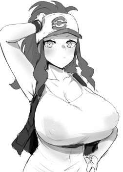  1girl :c armpits baseball_cap black_vest blush breasts cleavage closed_mouth collarbone covered_erect_nipples covered_navel hand_on_own_head hand_on_own_hip hand_up hat high_ponytail highres hilda_(pokemon) huge_breasts large_areolae looking_at_viewer medium_hair megao_3rd monochrome nintendo poke_ball_print poke_ball_symbol pokemon pokemon_bw ponytail print_headwear see-through_clothes see-through_shirt shirt sidelocks simple_background sleeveless sleeveless_shirt solo taut_clothes taut_shirt tight_clothes upper_body vest white_background wristband  rating:Questionable score:91 user:pc88