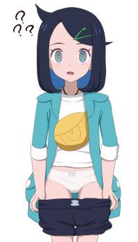  1girl ? ?? @_@ black_hair black_shorts clothes_pull colored_inner_hair commentary_request cowboy_shot cowlick eyelashes green_jacket hair_ornament hairclip highres jacket liko_(pokemon) looking_at_viewer medium_hair mind_control multicolored_hair nintendo open_clothes open_jacket open_mouth panties piyoyama pokemon pokemon_(anime) pokemon_horizons pulling_own_clothes shirt shorts shorts_pull simple_background solo swept_bangs underwear white_background white_panties white_shirt yellow_bag 