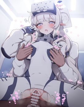  1boy 1girl bar_censor blue_archive blush bodysuit censored clothed_sex commentary_request covered_erect_nipples cropped_jacket doodle_sensei_(blue_archive) hair_tubes halo head-mounted_display hetero highres himari_(armed)_(blue_archive) himari_(blue_archive) hover_bike kunugi_miyaco loli mole mole_under_eye multicolored_halo nipple_stimulation nipple_tweak official_alternate_costume pointy_ears reverse_upright_straddle sensei_(blue_archive) sex sex_from_behind sitting sitting_on_lap sitting_on_person solo_focus straddling tears torn_bodysuit torn_clothes two-tone_halo upright_straddle vaginal white_bodysuit white_halo 