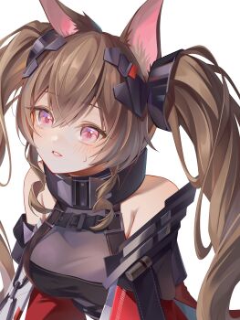  1girl absurdres alternate_breast_size_(larger) alternate_eye_color angelina_(arknights) animal_ear_fluff animal_ears arknights bare_shoulders belt breasts brown_hair chigusa7h commentary dot_nose dress dutch_angle fox_ears fox_girl from_above gilberta_(arknights) grey_dress hair_between_eyes high_belt high_collar highres impossible_clothes impossible_dress large_breasts light_blush long_hair long_sidelocks off_shoulder parted_lips pink_eyes sidelocks simple_background solo teardrop twintails upper_body white_background 