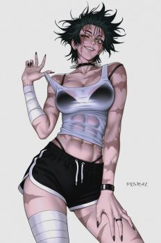  1girl abs ai-assisted artist_name bandaged_arm bandaged_leg bandages bikini black_bikini black_nails black_shorts breasts burn_scar collar commentary earrings green_hair grin highres jewelry jujutsu_kaisen large_breasts multiple_scars navel navel_piercing piercing prixmal scar scar_across_eye scar_on_face see-through_clothes shirt short_hair shorts sleeveless sleeveless_shirt smile solo spiked_collar spikes stud_earrings swimsuit toned toned_female white_shirt yellow_eyes zen'in_maki zen'in_maki_(post_shibuya) 