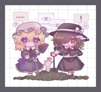  ! ... 2girls :o ? black_capelet black_hat black_shoes blonde_hair blood blood_on_tool border bow bowtie brown_eyes brown_hair burying buttons capelet collared_dress commentary_request contrast_collar dirt disembodied_eye disembodied_hand dress eyepatch footwear_bow frilled_dress frilled_sleeves frills full_body grey_border grid_background hat hat_bow heart highres holding holding_shovel implied_murder long_sleeves maribel_hearn medium_hair mob_cap multiple_girls neck_ribbon one_eye_covered open_mouth purple_dress purple_eyes red_bow red_bowtie red_ribbon ribbon ribbon-trimmed_capelet ribbon-trimmed_skirt ribbon_trim shirt shoes shovel sleepwalk_zzz socks standing touhou usami_renko waist_bow white_background white_hat white_shirt white_socks window_(computing) 