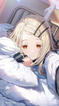 1girl bed black_hair blonde_hair colored_eyelashes english_text gakuen_idolmaster hair_ornament hairclip idolmaster lying multicolored_hair official_art on_stomach orange_eyes pillow school_uniform selfie serafuku shinosawa_hiro solo