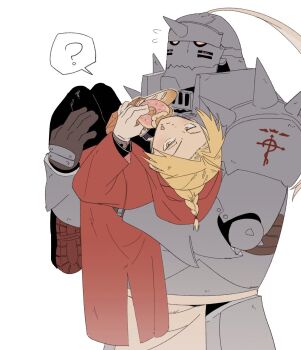  2boys 3bivl ? ahoge alphonse_elric apron armor black_jacket black_pants black_shoes blonde_hair braid bread brothers carrying coat donut edward_elric flying_sweatdrops food food_on_face full_armor fullmetal_alchemist furrowed_brow gloves grey_gloves helm helmet highres holding holding_bread holding_donut holding_food jacket loaf_of_bread long_hair looking_at_viewer male_focus multiple_boys pants parted_bangs plate_armor plume princess_carry red_coat shoes shoulder_spikes siblings single_braid spikes spoken_question_mark waist_apron white_background white_eyes yellow_eyes 