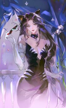  1girl absurdres angell_(path_to_nowhere) animal_ears black_dress black_hair breasts choker cleavage cowboy_shot dress elbow_gloves gloves glowtoast highres holding holding_removed_eyewear looking_at_viewer official_alternate_costume path_to_nowhere solo standing unworn_eyewear white_gloves 