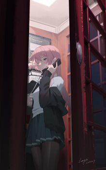  1girl absurdres bang_dream! bang_dream!_it's_mygo!!!!! biting_own_lip black_cardigan black_pantyhose breasts cardigan chihaya_anon chinese_commentary commentary_request crying crying_with_eyes_open dated green_skirt grey_eyes highres long_hair medium_breasts one_eye_closed open_cardigan open_clothes pantyhose phone_booth pink_hair pleated_skirt roundschen shirt signature skirt solo talking_on_phone tears white_shirt 