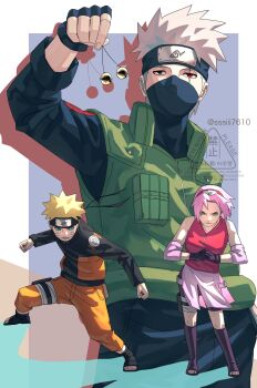 1girl 2boys bandaged_leg bandages bare_shoulders black_gloves black_headband black_jacket black_mask black_shirt black_shoes black_sleeves blonde_hair blue_eyes border breasts commentary_request elbow_sleeve facial_mark fighting_stance fingerless_gloves flak_jacket full_body furrowed_brow gloves green_eyes green_vest grey_background hairband haruno_sakura hatake_kakashi headband heterochromia highres jacket jumpsuit konohagakure_shinobi_uniform konohagakure_symbol male_focus mask medium_breasts mouth_mask multicolored_jacket multiple_boys naruto_(series) open-toe_shoes orange_jacket orange_jumpsuit orange_pants own_hands_together pants parted_bangs parted_lips pink_hair pink_sleeves pouch red_eyes red_hairband red_vest scar scar_across_eye scar_on_face sharingan sharp_teeth shirt shoes short_hair shorts shorts_under_skirt sssiii7610 teeth thigh_pouch twitter_username two-tone_jacket upper_body uzumaki_naruto vest whisker_markings white_border