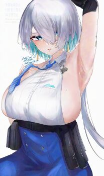 1girl absurdres aqua_hair arm_up armpits blue_dress blue_eyes blue_necktie breasts brid_(nikke) colored_inner_hair dated dress earrings goddess_of_victory:_nikke hair_over_one_eye highres jewelry large_breasts miumiumi_99 multicolored_hair necktie open_mouth presenting_armpit short_hair sideboob simple_background solo twitter_username two-tone_hair white_background white_hair rating:Sensitive score:22 user:danbooru