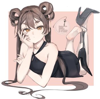  1girl absurdres bare_shoulders black_dress black_shoes blush breasts brown_eyes brown_hair closed_mouth collarbone criss-cross_halter dress feet_up frown full_body hair_between_eyes hair_rings halterneck hashtag-only_commentary head_rest high_heels highres looking_at_viewer lying ogura_tubuan on_stomach original shoes signature small_breasts solo thick_eyebrows twintails unworn_shoes 