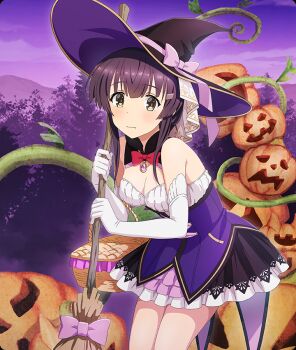  1girl blush bow bowtie breasts broom cleavage closed_mouth cowboy_shot detached_collar dot_nose dress elbow_gloves game_cg gloves green_eyes hair_ornament hairclip halloween halloween_costume hat hat_bow hat_ribbon holding holding_broom holding_picnic_basket jack-o'-lantern layered_skirt long_hair looking_at_viewer medium_breasts mountainous_horizon official_art outdoors picnic_basket pink_bow pink_ribbon pink_skirt plant purple_dress purple_hair purple_hat purple_sky red_bow red_bowtie ribbon sidelocks skirt sky solo third-party_source toji_no_miko toji_no_miko:_kizamishi_issen_no_tomoshibi tree twilight vines white_gloves white_skirt wide_brim witch witch_hat yanase_mai 