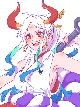  1girl armpit_peek bare_shoulders blue_hair breasts commentary earrings hair_ornament high_ponytail highres holding holding_weapon horns japanese_clothes jewelry kimono long_hair multicolored_hair one_piece open_mouth ponytail rnolmol rope sidelocks sleeveless sleeveless_kimono solo symbol-only_commentary teeth two-tone_hair upper_body upper_teeth_only weapon white_hair white_kimono yamato_(one_piece) 